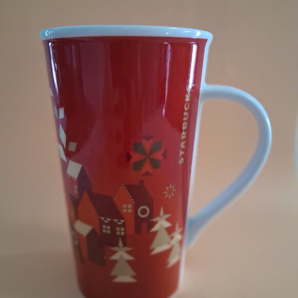Starbucks Tall Coffee Tea Mug 2013 22 Oz Red Christmas Holiday Village - Picture 1 of 5